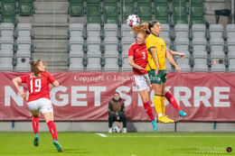 Stine Ballisager (#3 Denmark) with a header in the friendly match Denmark vs Australia at Viborg Stadium, Denmark