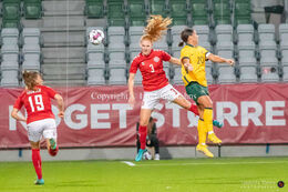 Stine Ballisager (#3 Denmark) with a header in the friendly match Denmark vs Australia at Viborg Stadium, Denmark