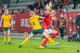 Amalie Vangsgaard (#9 Denmark) battles for the ball in the friendly match Denmark vs Australia at Viborg Stadium, Denmark