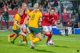 Signe Bruun (#20 Denmark) battles for the ball in the friendly match Denmark vs Australia at Viborg Stadium, Denmark