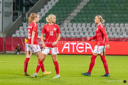 Karen Holmgaard (#6 Denmark), Pernille Harder (#10 Denmark) and Sanne Troelsgaard (#7 Denmark) in the friendly match Denmark vs Australia at Viborg Stadium, Denmark