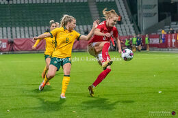 Karen Holmgaard (#6 Denmark) battles for the ball in the friendly match Denmark vs Australia at Viborg Stadium, Denmark