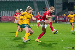 Karen Holmgaard (#6 Denmark) battles for the ball in the friendly match Denmark vs Australia at Viborg Stadium, Denmark