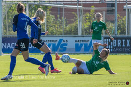 Olivia Holdt (#13 Fortuna Hjorring) trying to control the ball in the "Kvindeliga" match Fortuna Hjorring vs. HB Koge at "Bredbaand Nord Arena" in Hjorring, Denmark