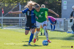 Battle for the ball in the "Kvindeliga" match Fortuna Hjorring vs. HB Koge at "Bredbaand Nord Arena" in Hjorring, Denmark