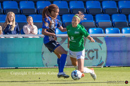 Battle for the ball in the "Kvindeliga" match Fortuna Hjorring vs. HB Koge at "Bredbaand Nord Arena" in Hjorring, Denmark
