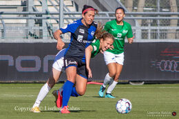 Battle for the ball in the "Kvindeliga" match Fortuna Hjorring vs. HB Koge at "Bredbaand Nord Arena" in Hjorring, Denmark