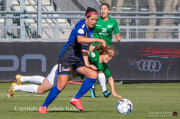 Battle for the ball in the "Kvindeliga" match Fortuna Hjorring vs. HB Koge at "Bredbaand Nord Arena" in Hjorring, Denmark