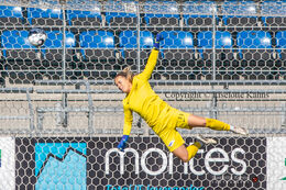 Adelaide Gay (#33 Fortuna Hjorring) jumping for the ball in the "Kvindeliga" match Fortuna Hjorring vs. HB Koge at "Bredbaand Nord Arena" in Hjorring, Denmark