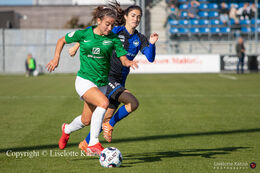 Indiah Riley (#7 Fortuna Hjorring) controlling the ball in the "Kvindeliga" match Fortuna Hjorring vs. HB Koge at "Bredbaand Nord Arena" in Hjorring, Denmark