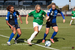 Battle for the ball in the "Kvindeliga" match Fortuna Hjorring vs. HB Koge at "Bredbaand Nord Arena" in Hjorring, Denmark