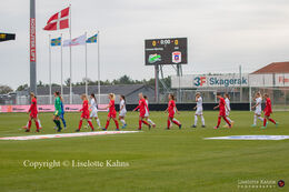 The two teams enter the pitch before the "Kvindeliga" match Fortuna Hjorring vs. AGF at "Bredbaand Nord Arena" in Hjorring, Denmark