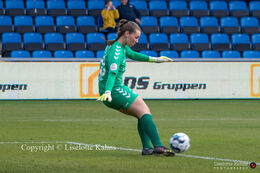 Sofie Gron (#28 AGF) with a goal-kick in the "Kvindeliga" match Fortuna Hjorring vs. AGF at "Bredbaand Nord Arena" in Hjorring, Denmark