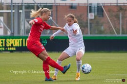 Battle for the ball in the "Kvindeliga" match Fortuna Hjorring vs. AGF at "Bredbaand Nord Arena" in Hjorring, Denmark