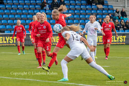 Olivia Holdt (#13 Fortuna Hjorring) with a header in the "Kvindeliga" match Fortuna Hjorring vs. AGF at "Bredbaand Nord Arena" in Hjorring, Denmark