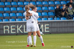 Emma Snerle (#10 Fortuna Hjorring) and Indiah Riley (#7 Fortuna Hjorring) celebrating a goal in the "Kvindeliga" match Fortuna Hjorring vs. AGF at "Bredbaand Nord Arena" in Hjorring, Denmark