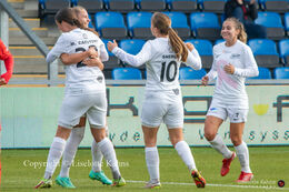 Celebration of Olivia Holdt's (#13 Fortuna Hjorring) 2-0 goal in the "Kvindeliga" match Fortuna Hjorring vs. AGF at "Bredbaand Nord Arena" in Hjorring, Denmark
