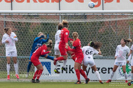Action in front of Fortuna Hjorring's goal in the "Kvindeliga" match Fortuna Hjorring vs. AGF at "Bredbaand Nord Arena" in Hjorring, Denmark