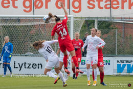 Action in front of Fortuna Hjorring's goal in the "Kvindeliga" match Fortuna Hjorring vs. AGF at "Bredbaand Nord Arena" in Hjorring, Denmark
