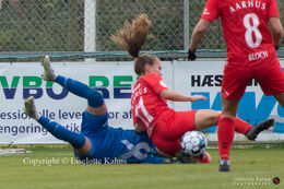 Adelaide Cay (#33 Fortuna Hjorring) and Maria Pedersen (#11 AGF) battle for the ball in the "Kvindeliga" match Fortuna Hjorring vs. AGF at "Bredbaand Nord Arena" in Hjorring, Denmark