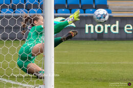 Sofie Gron (#28 AGF) jumping for the ball (penalty kick) in the "Kvindeliga" match Fortuna Hjorring vs. AGF at "Bredbaand Nord Arena" in Hjorring, Denmark