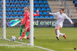 Battle for the ball after the saved penalty kick in the "Kvindeliga" match Fortuna Hjorring vs. AGF at "Bredbaand Nord Arena" in Hjorring, Denmark