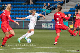 Olivia Holdt (#13 Fortuna Hjorring) preparing for a shot in the "Kvindeliga" match Fortuna Hjorring vs. AGF at "Bredbaand Nord Arena" in Hjorring, Denmark