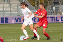 Clare Wheeler (#2 Fortuna Hjorring) and Maria Pedersen (#11 AGF) battle for the ball in the "Kvindeliga" match Fortuna Hjorring vs. AGF at "Bredbaand Nord Arena" in Hjorring, Denmark