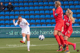 Emma Snerle (#10 Fortuna Hjorring) with a shot in the "Kvindeliga" match Fortuna Hjorring vs. AGF at "Bredbaand Nord Arena" in Hjorring, Denmark