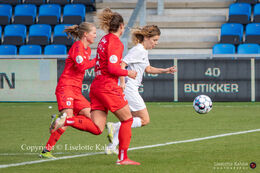 Rebecca Frederiksen (#14 Fortuna Hjorring) battle for the ball in the "Kvindeliga" match Fortuna Hjorring vs. AGF at "Bredbaand Nord Arena" in Hjorring, Denmark