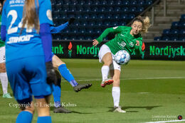 Clare Wheeler (#2 Fortuna Hjorring) battles for the ball in the "Kvindeliga" match Fortuna Hjorring vs. FC Thy at "Bredbaand Nord Arena" in Hjorring, Denmark