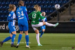 Olivia Holdt (#13 Fortuna Hjorring) battles for the ball in the "Kvindeliga" match Fortuna Hjorring vs. FC Thy at "Bredbaand Nord Arena" in Hjorring, Denmark