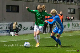 Caroline Olesen (#47 Fortuna Hjorring) battles for the ball in the "Kvindeliga" match Fortuna Hjorring vs. FC Thy at "Bredbaand Nord Arena" in Hjorring, Denmark