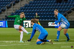 Olivia Holdt (#13 Fortuna Hjorring) with a shot for goal in the "Kvindeliga" match Fortuna Hjorring vs. FC Thy at "Bredbaand Nord Arena" in Hjorring, Denmark