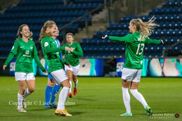 Celebration of Olivia Holdt's (#13 Fortuna Hjorring) goal in the "Kvindeliga" match Fortuna Hjorring vs. FC Thy at "Bredbaand Nord Arena" in Hjorring, Denmark