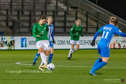 Mathilde Carstens (#22 Fortuna Hjorring) with a shot in the "Kvindeliga" match Fortuna Hjorring vs. FC Thy at "Bredbaand Nord Arena" in Hjorring, Denmark