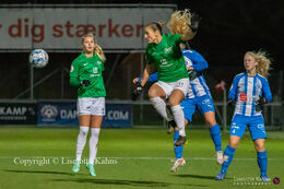 Florentina Olar (#11 Fortuna Hjorring) with a header in the "Kvindeliga" match Fortuna Hjorring vs. FC Thy at "Bredbaand Nord Arena" in Hjorring, Denmark