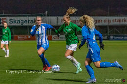 Olivia Holdt (#13 Fortuna Hjorring) battles for the ball in the "Kvindeliga" match Fortuna Hjorring vs. FC Thy at "Bredbaand Nord Arena" in Hjorring, Denmark
