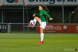 Angela Beard (#4 Fortuna Hjorring) receiving the ball in the "Kvindeliga" match Fortuna Hjorring vs. FC Thy at "Bredbaand Nord Arena" in Hjorring, Denmark