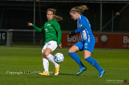 Caroline Olesen (#47 Fortuna Hjorring) battles for the ball in the "Kvindeliga" match Fortuna Hjorring vs. FC Thy at "Bredbaand Nord Arena" in Hjorring, Denmark