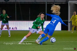 Clare Wheeler (#2 Fortuna Hjorring) battles for the ball in the "Kvindeliga" match Fortuna Hjorring vs. FC Thy at "Bredbaand Nord Arena" in Hjorring, Denmark