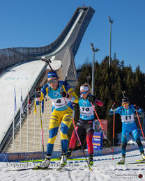 Hanna Oeberg chased by Tiril Eckhoff at the BMW IBU biathlon finals in Holmenkollen, Oslo, Norway