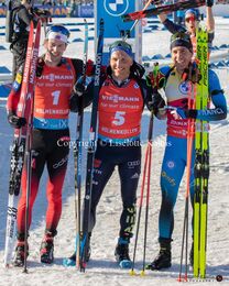 Sturla Laegreid, Erik Lesser and Quentin Fillon Maillet ready for the podium at the BMW IBU biathlon finals in Holmenkollen, Oslo, Norway