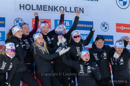 Norway Women celebrating at the podium at the BMW IBU biathlon finals in Holmenkollen, Oslo, Norway