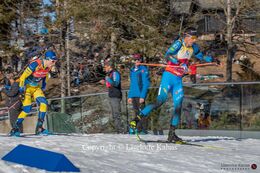 Quentin Fillon Maillet chased by Sebastian Samuelsson at the BMW IBU biathlon finals in Holmenkollen, Oslo, Norway