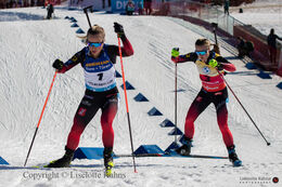 Marte Olsbu Roiseland chasing Tiril Eckhoff at the BMW IBU biathlon finals in Holmenkollen, Oslo, Norway