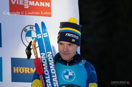 Sebastian Samuelsson at the podium at the BMW IBU biathlon finals in Holmenkollen, Oslo, Norway
