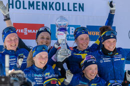 Sweden Women celebrating at the podium at the BMW IBU biathlon finals in Holmenkollen, Oslo, Norway
