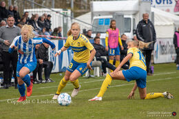 Beate Magnussen (#4 FC Thy-Thisted Q), Katrine W. Jorgensen (#13 Brondby IF) and Frederikke Lindhardt (#15 Brondby IF) battling for the ball in the Women's Cup Final