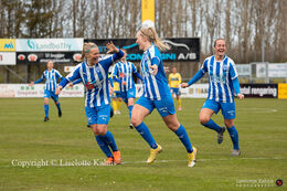 Malene Sorensen (#15 FC Thy-Thisted Q) celebrating scoring to 1-0 in the Women's Cup Final, FC Thy-Thisted Q vs. Brondby IF at Lerpytter stadium in Thisted, Denmark